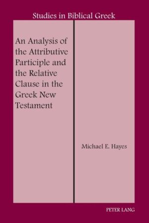 Many New Testament Greek grammarians assert that the Greek attributive participle and the Greek relative clause are "equivalent." Michael E. Hayes disproves those assertions in An Analysis of the Attributive Participle and the Relative Clause in the Greek New Testament, thoroughly presenting the linguistic categories of restrictivity and nonrestrictivity and analyzing the restrictive/nonrestrictive nature of every attributive participle and relative clause. By employing the Accessibility Hierarchy, he focuses the central and critical analysis to the subject relative clause and the attributive participle. His analysis leads to the conclusion that with respect to the restrictive/nonrestrictive distinction these two constructions could in no way be described as "equivalent." The attributive participle is primarily utilized to restrict its antecedent except under certain prescribed circumstances, and when both constructions are grammatically and stylistically feasible, the relative clause is predominantly utilized to relate nonrestrictively to its antecedent. As a result, Hayes issues a call to clarity and correction for grammarians, exegetes, modern editors, and translators of the Greek New Testament.