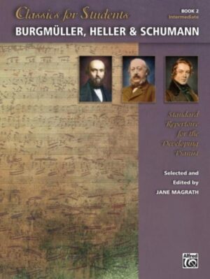 The literature found in the Classics for Students series provides a sequenced course of progression for the pianist who wants to play music of substantial quality. The wide variety of moods, technical features, and colors included in this collection will aid in the development of technique and musicianship and provide hours of personal enjoyment. Titles: At the Brook, Op. 47, No. 8 (Heller) * Ave Maria, Op. 100, No. 19 (Burgmüller) * Cradle Song, Op. 124, No. 6 (Schumann) * Dusk, Op. 138, No. 3 (Heller) * Étude in B- flat Major, Op. 125, No. 13 (Heller) * Fantasy Dance, Op. 124, No. 5 (Schumann) * The Hunter, Op. 138, No. 4 (Heller) * Little Romance, Op. 68, No. 19 (Schumann) * Norse Song, Op. 68, No. 41 (Schumann) * Restlessness, Op. 100, No. 18 (Burgmüller) * The Storm, Op. 109, No. 13 (Burgmüller) * Tarantella, Op. 100, No. 20 (Burgmüller) * Tolling Bell, Op. 125, No. 8 (Heller) * Waltz, Op. 124, No. 4 (Schumann).