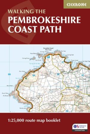 A booklet of all the mapping needed to walk the Pembrokeshire Coast Path National Trail between Amroth near Tenby and St Dogmaels by Cardigan. Covering 290km (180 miles) and over 10,500m of ascent, this trail takes around 2 weeks to complete. The full route is shown on 1:25,000 OS maps The map booklet can be used to walk the trail in either direction Sized to easily fit in a jacket pocket or rucksack The relevant extract from the OS Explorer map legend is included High tide and military range closure alternate routes are provided An accompanying Cicerone guidebook – Walking the Pembrokeshire Coast Path is also available, which includes a copy of this map booklet