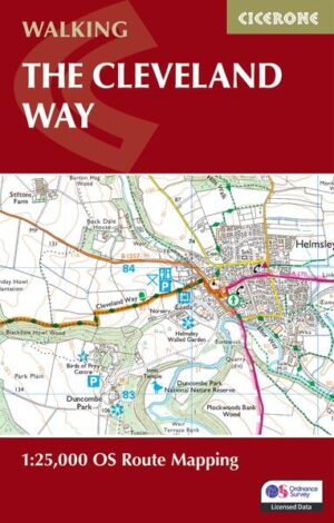 A booklet of all the mapping needed to complete the Cleveland Way National Trail between Helmsley and Filey. Covering 117km (110 miles) around the North York Moors National Park this straightforward hike takes around 1 week to walk. The full route line is shown on 1:25K OS maps The map booklet can be used to walk the trail in either direction Sized to easily fit in a jacket pocket The relevant extract from the OS Explorer map legend is included An accompanying Cicerone guidebook – Walking the Cleveland Way and Yorkshire Wolds Way is also available, which includes a copy of this map booklet