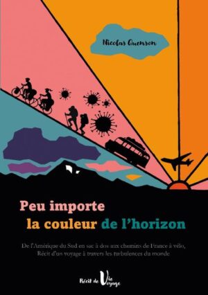 Deux regards se croisent à Barcelone lors d'une nuit de fête démente, et ne se lâcheront plus. Un long périple s'entame en Colombie, à la découverte de l'Amérique du Sud. Perturbé par l'imprévisible, il se continuera à pied, puis à vélo, sur les chemins d''Europe. "Peu importe la couleur de l'horizon" relate les aventures du couple dans un premier ouvrage intime et passionné illustré de cartes et photographies. Ce livre est une invitation au voyage qui mêle le ton léger d'une itinérance à deux à un manifeste pour une profonde remise en question de notre mode de vie, face à un certain déni du désastre écologique en cours.