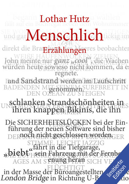 In seinen Geschichten beschreibt Lothar Hutz viel Menschliches. Der Bogen spannt sich von Ferienerlebnissen bis zu den düsteren Seiten der menschlichen Existenz. Die Ereignisse sind sowohl im tiefen Süden der USA als auch im lieblichen Rheingau angesiedelt. London ist Schauplatz von zwei Geschichten und unser westlicher Nachbar Frankreich ein häufiger Handlungsort. Während sich die schwedischen Geschichten mit den dunklen Seiten des Menschen beschäftigen, werden in den Erzählungen „Pizzeria“ und „Die Hochzeit“ heitere Ereignisse aus unserem Leben geschildert. Die Geschichte „Die goldene Zukunft“ befasst sich mit einer Zukunft, die gar nicht so „goldig“ ist. Die beiden Geschichten aus South Carolina geben dem Leser oder der Leserin einen Einblick in die Geisterwelt der alten Legenden des Südens der USA.