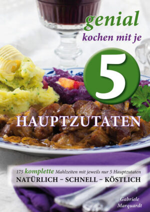 KOCHEN SCHNELL UND EINFACH MIT WENIG ZUTATEN. Mit jeweils nur 5 Hauptzutaten wird eine KOMPLETTE Mahlzeit,EINSCHLIESSLICH BEILAGEN, gekocht. Dazu kommen noch ein paar gängige Lebensmittel, wie sie in jedem Vorrat vorhanden sind. Das Kochbuch enthält 175 Mahlzeiten: 70 mit Fleisch, 40 mit Fisch, 50 vegetarische und 5 süße Hauptmahlzeiten. Es werden nur frische, gesunde Zutaten verwendet. Die Rezeptauswahl ist sehr vielseitig und umfasst Gerichte aus aller Welt sowie deutsche Küche von gut bürgerlich bis zu preiswerter Hausmannskost.