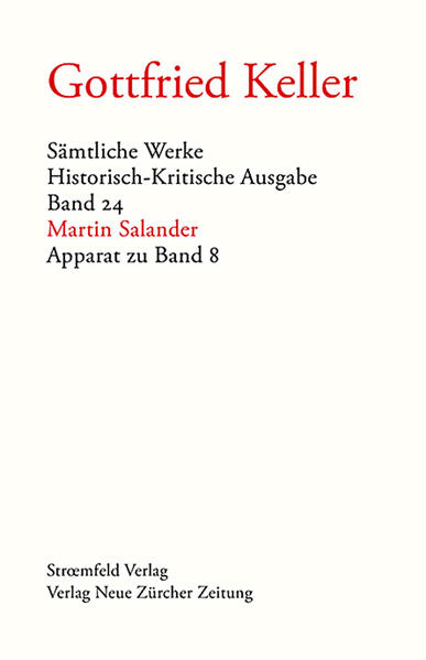 Der Apparat beginnt mit der Entstehungsgeschichte, von der ersten Erwähnung eines einbändigen Romans im Jahre 1881 bis zur Buchausgabe von 1886. Einen wichtigen Schwerpunkt des Bandes bilden die Paralipomena, die zu Martin Salander in ungewöhnlich grosser Zahl erhalten sind. Ziel der Ausgabe ist es, Kellers literarisches Werk unter Berücksichtigung allen handschriftlichen Materials und aller zu Lebzeiten Gottfried Kellers erschienenen Drucke vollständig zu editieren. Die den Texten in separaten Bänden beigegebenen Kommentare (Apparat) geben Aufschluss über die Überlieferungslage, bieten eine vollständige Zusammenstellung der Varianten und stellen anhand ausführlich mitgeteilter Dokumente die Entstehungsgeschichte der einzelnen Werke dar.