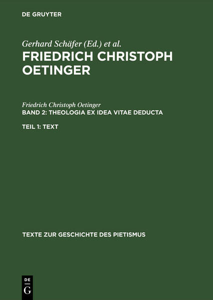 Frontmatter -- Inhaltsverzeichnis -- Vorwort / Schäfer, Gerhard -- Verzeichnis der Abkürzungen -- Einleitung / Ohly, Konrad -- Gliederung von Oetingers Theologia -- Praefatio -- Anhang -- Front matter 2 -- Inhaltsverzeichnis -- Vorbemerkungen / Schäfer, Gerhard -- Verzeichnis der abgekürzt zitierten Literatur -- Verzeichnis der Abkürzungen -- Anmerkungen zu Oetingers Text der Theologia -- Anhang -- Verzeichnis der Bibelstellen -- Verzeichnis der Personen und Werke -- Backmatter