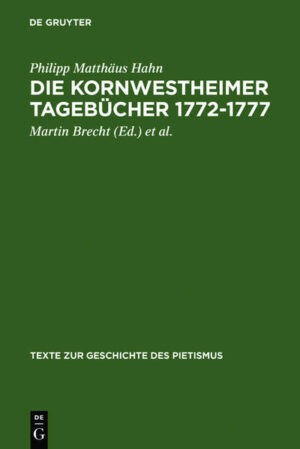 Frontmatter -- Vorwort -- Einleitung -- Die Kornwestheimer Tagebücher 1772-1777 -- Tagebuch 1772 -- Tagebuch 1773. Teil 1 -- Tagebuch 1773. Teil 2 -- Tagebuch 1774 -- Tagebuch 1775 -- Tagebuch 1776 -- Tagebuch 1777 -- Bibelstellenregister -- Orts- und Personenregister -- Sachregister