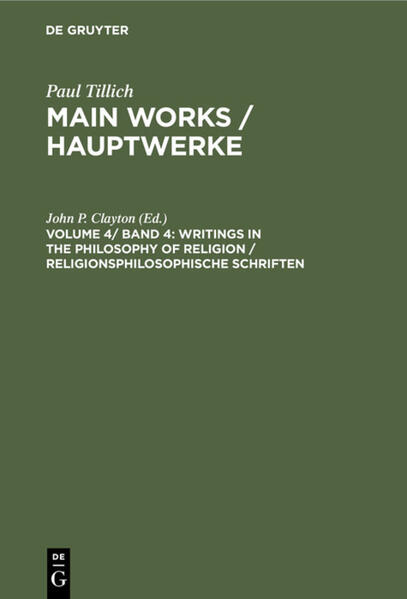 Frontmatter -- Contents / Inhalt -- On the form of this edition -- Zur editorischen Gestaltung der Ausgabe -- Preface -- Vorwort -- Introducing Paul Tillich's Writings in the Philosophy of Religion -- Einführung in Paul Tillichs Schriften zur Religionsphilosophie -- 1. Kairos (1922) -- 2. Die Überwindung des Religionsbegriffs in der Religionsphilosophie (1922) -- 3. Kritisches und positives Paradox -- 4. Religionsphilosophie (1925) -- 5. Kairos: Ideen zur Geisteslage der Gegenwart (1926) -- 6. Gläubiger Realismus (1927) -- 7. Über gläubigen Realismus (1928) -- 8. Das religiöse Symbol (1928) -- 9. Mythus und Mythologie (1930) -- 10. Offenbarung: Religionsphilosophisch (1930) -- 11. Philosophie und Religion (1930) -- 12. Theonomie (1931) -- 13. The Religious Symbol1a / Symbol and Knowledge (1940-1941) -- 14. Philosophy and Theology (1941) -- 15. The Two Types of Philosophy of Religion (1946) -- 16. The Problem of Theological Method (1947) -- 17. Historical and Nonhistorical Interpretations of History A Comparison (1948 1939) -- 18. Kairos (1948) -- 19. Realism and Faith (1948) -- 20. Biblical Religion and the Search for Ultimate Reality (1955) -- 21. Religion and its Intellectual Critics (1955) -- 22. Religious Symbols and Our Knowledge of God (1955) -- 23. The Word of God (1957) -- 24. The Meaning and Justification of Religious Symbols (1961) -- Backmatter