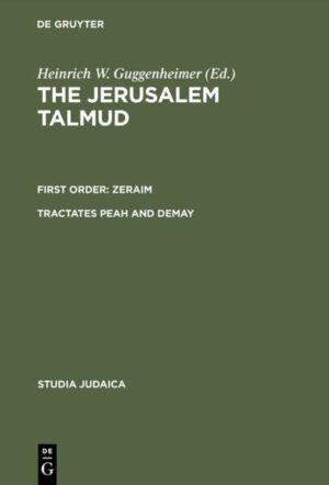 First Order: Zeraïm / Tractate Peah and Demay is the second volume in the edition of the Jerusalem Talmud, a basic work in Jewish Patristic. It presents basic Jewish texts on the organization of private and public charity, and on the modalities of coexistence of the ritually observant and the non-observant. This part of the Jerusalem Talmud has almost no counterpart in the Babylonian Talmud. Its study is prerequisite for an understanding of the relevant rules of Jewish tradition.