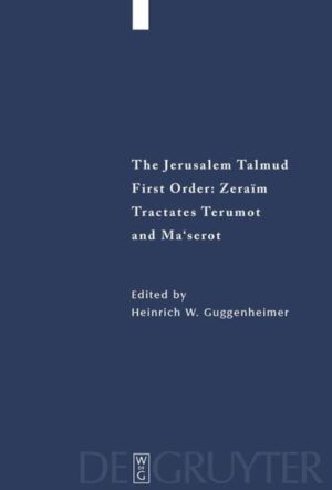 First Order: Zeraïm / Tractates Terumot and Ma'serot is the forth volume in the edition of the Jerusalem Talmud, a basic work in Jewish Patristics. The volume presents the fundamental Jewish texts on obligatory gift to priests, and tithes to Levites, and the poor. In addition, it contains the main health regulations developed within Jewish ritual law, the rules of Jewish solidarity, and a discussion of the rules, taken for granted in the Babylonian Talmud, under which minute amounts of inadvertently added forbidden material may be disregarded.