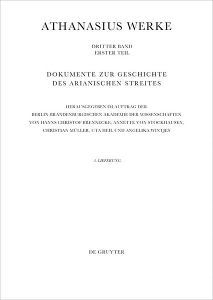 The fourth instalment of the first part of Volume III of Athanasius’ Works continues the publication of documents on the Arian conflict started by Hans-Georg Opitz in 1934 and 1935. Following on from the third instalment, which ended with the Formula makrostichos, the fourth instalment now includes the four Sirmian formulae, the texts of the Synods of Rimini/ Seleukia/Constantinople 359/360 and the Synod of Alexandria 362 together with a German translation. A bibliography and index are appended to the fascicle.