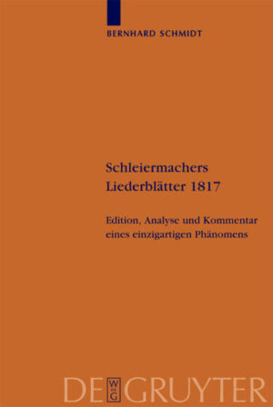 Friedrich Schleiermacher, seit 1809 reformierter Prediger an der Berliner Dreifaltigkeitskirche, hat von 1812 an bis 1828 für jeden seiner Hauptgottesdienste ein eigenes Liederblatt drucken lassen. Aber warum? Waren diese Liederblätter nur kulturelle Standesmerkmale oder Vorarbeiten für das neue Gesangbuch oder doch Dokumente durchkomponierter Gottesdienste? Zur Beantwortung dieser Frage müssen die Liederblätter systematisch untersucht werden. Im Rahmen dieser Edition wird hier erstmals ein ganzer Zyklus vorgelegt und kommentiert, wobei es sich bei dem Jahrgang 1817 um den ersten datierten Jahrgang handelt, der zugleich mit 31 Liederblättern vollständig erhalten ist. Der Verfasser verfährt so, dass jedes einzelne Liederblatt transkribiert, ediert und kommentiert wird, indem die einzelnen Lieder auf ihre Liedverfasser und -bearbeiter, auf ihre Gesangbuchquellen sowie auf textliche Abweichungen hin untersucht werden. Besonderes Augenmerk wird auch auf die Erschließung der Kirchenmusikstücke in den Festgottesdiensten gerichtet. Soweit eine Predigtnachschrift vorhanden ist, wird diese vorgestellt und analysiert. Schließlich wird in einem kurzen Fazit versucht, der Idee des Liederblattes mittels der vorhandenen Texte auf die Spur zu kommen.