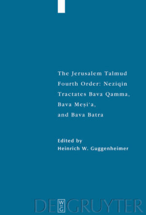 The present volume is the eleventh in the series of the Jerusalem Talmud, the first in a three volume edition, translation, and commentary of the Fourth Order Neziqin. The thirty chapters of Neziqin that deal with most aspects of Civil Law are usually divided into three parts, or “gates”, known as the First Gate, Bava qamma, the Middle Gate, Bava mesi‘a, and the Last Gate, Bava batra. In contrast to the Babylonian Talmud, the treatment in the Jerusalem Talmud is fragmentary. The reason for this is a matter of controversy, discussed in the Introduction to the Tractate.