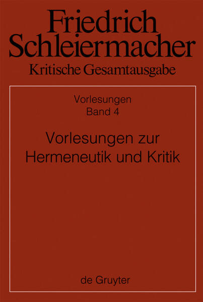 Friedrich Schleiermachers eigene Notizen und Ausarbeitungen zu seinen Hermeneutikvorlesungen (1805-1833) stammen aus der Hallenser Zeit (1804/05) und der Berliner Zeit vor Eröffnung der Universität (1809/10), aber auch aus späteren Semestern in Form von Randbemerkungen. Sie sind meist wenig ausgeführt, und schon die erste Edition (Lücke 1838) hat darum Calows Nachschrift von 1832/33 hinzugenommen, die freilich sehr frei wiedergegeben ist.Die neue Edition verbessert nun nicht nur diese Texte nach Kräften, sondern bietet erstmals (neben der Calowschen) auch Nachschriften von 1819 (Ludwig Jonas), 1822 (Hagenbach) und 1826/27 (Braune). Frühere Nachschriften, besonders aus der Hallenser Zeit, haben sich bislang nicht auffinden lassen.Besondere Beachtung verdient die 1826/27 erstmals vorgetragene (philologische) Kritik. Dabei handelt es sich um Anweisungen und Ratschläge zur Anfertigung einer kritischen Edition, wobei man sich klar machen muß, daß Schleiermacher hier nicht etwa als Laie sprach, sondern schon 1801 entscheidend an der ersten kritischen Platon-Edition (Heindorf) mitgearbeitet und und in späteren Jahren eine kritische Edition der Paulus-Briefe geplant und zum Teil auch realisiert hat, ohne sie freilich zum Abschluß zu bringen.