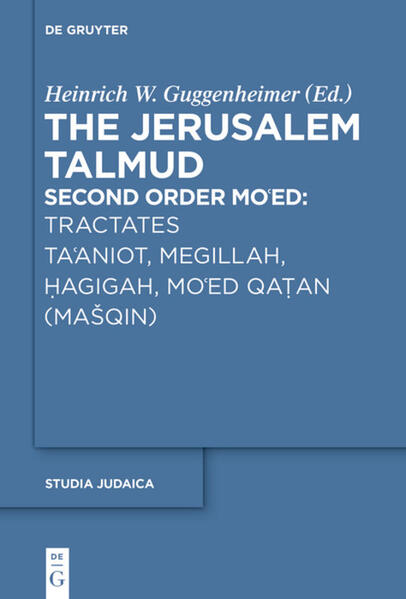 The present volume is the seventeenth and last in this series of the Jerusalem Talmud. The four tractates of the Second Order-Ta'aniot, Megillah, Hagigah, Mo'ed Qatan (Mašqin)-deal with different fasts and holidays as well as with the pilgrimage to the Temple. The texts are accompanied by an English translation and presented with full use of existing Genizah texts and with an extensive commentary explaining the Rabbinic background.