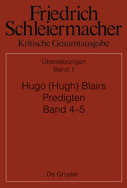 Hugh Blair (1718-1800) gilt als einer der einflussreichsten Autoren der schottischen Aufklärung. Seine Predigten wurden mehrfach gedruckt und aufgelegt. F.D.E. Schleiermacher übernahm um die Jahrhundertwende 1800 die erste Übersetzung der Bücher 4 und 5 von Blairs Predigten ins Deutsch. Diese liegen hier in einer gewohnt hochwertigen, kritischen Edition vor.