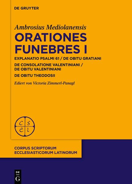 This edition presents Ambrose’s eulogies for the emperors Valentinian II and Theodosius I, taking into account the full scope of their transmission. In a number of codices, the interpretation of Psalm 61 (the last text in the Explanatio psalmorum XII, ed. M. Petschenig) has been transmitted together with the two "emperor speeches" as De obitu Gratiani. This volume thus also provides a new edition of this text with an extensive introduction.