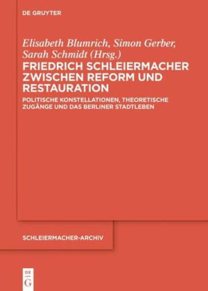 Friedrich Schleiermacher war eine zentrale Figur des geistigen Lebens in Berlin im ersten Drittel des 19. Jahrhunderts und ein wichtiger Protagonist im preußischen Reformprozess. Der Band widmet sich insbesondere dem zweiten Jahrzehnt zu Beginn des 19. Jahrhunderts. Er untersucht Schleiermachers Denken und Wirken in den entscheidenden Jahren während und nach den Befreiungskriegen und konturiert seine Position während des Umbruchs von der Reform zur Restauration in einzelnen Schlaglichtern. Die interdisziplinären Beiträge geben eine historische Analyse des politischen Kontextes, beleuchten das Berliner Stadtleben sowie Schleiermachers berufliche und private Netzwerke, die sich nicht zuletzt aus den an der Berlin-Brandenburgischen Akademie der Wissenschaften historisch-kritisch edierten Korrespondenz und Tageskalender F. Schleiermachers erschließen. Vor dem Hintergrund dieser gesellschaftspolitischen Matrix wird deutlich, wie eng Schleiermachers wissenschaftliche Werke und die Genese seiner wissenschaftlichen Systematik mit seinem konkreten Handeln als Wissenschafts- und Kirchenpolitiker, als Gemeindeleiter und Prediger, aber auch als Freund, Kollege und Familienmensch verzahnt ist.