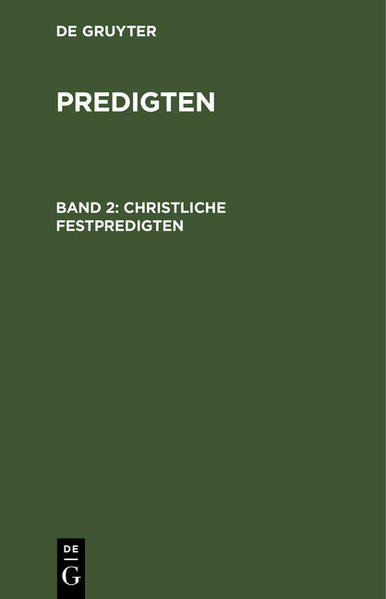 Frontmatter -- Borrede -- Inhalts-Verzeichniß für beide Bände der Festpredkgten -- I. Unser Blikk in die Zukunft verglichen mit dem des Abraham -- II. Johannis Zeugniß von Christo, ein Vorbild des unsrigen -- III. Der Unterschied zwischen dem Wesen des neuen und des alten Bundes an ihren Stiftern dargestellt -- IV. Die Veränderung, welche seit der Erscheinung des Erlösers auf der Erde begonnen hat -- V. Die verschiedene Art wie die Kunde von dem Erlöser aufgenommen wird -- VI. Die Erscheinung des Erlösers als der Grund zur Wiederherstellung der wah» ren Gleichheit unter den Menschen -- VII. Eine Anweisung das Gute unter uns immer vollkommner zu gestalten -- VIII. Der Lohn des Herrn -- IX. Welchen Werth es für uns habe, daß das Leiden des Erlösers vorhergesagt ist -- X. Ueber den Gemüthszustand des Erlösers in seinen lezten Stunden. -- XI. Die Gesinnung in welcher Christus seinem Leiden entgegenging -- XII. Ueber das Geheimniß der Erlösung in ihrem Verhältniß zur Sünde und zur Unwissenheit -- XIII. Betrachtung der Umstande, welche die lezten Augenblikke des Erlösers begleiteten -- XIV. Wie das Bewußtsein des unvergänglichen den Schmerz über das Ende des vergänglichen besiegt -- XV. Weshalb die Apostel sich so besonders Zeugen der Auferstehung Christi nennen -- XVI. Die Trennung der Gemüther, ein Vorzeichen des göttlichen Gerichts -- XVII. Zwei Beispiele davon, wie, wenn die Gerechtigkeit ein Volk nicht erhöht, die Sünde das Verderben desselben wird -- XVIII. Was Christus nach seiner Erhöhung für uns ist -- XIX. Die Verheißungen des Erlösers bei seinem Scheiden -- XX. Das Ende der wunderbaren Aeußerungen des göttlichen Geistes in der christlichen Kirche -- XXI. Wie der Geist der Wahrheit den Erlöser verklärt -- XXII. Wie wir in der Ordnung des Heils die göttliche Weisheit bewundern müssen -- XXIII. Warnung vor Selbstsucht und Eigennuz bei der Erndtefreude -- XXIV. Unser Verhältniß zu denen, welche aus dieser irdischen Gemeine hinweggenommen worden sind -- XXV. Vorschriften für den Schmerz bei dem Verlust unserer Brüder