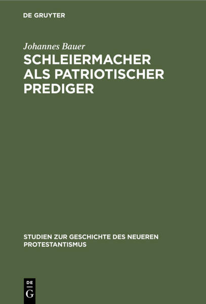 Frontmatter -- Vorwort -- Inhaltsübersicht -- Abkürzungen -- Einleitung -- Erster Abschnitt. Schleiermachers Predigertätigkeit von 1804-1818 -- Zweiter Abschnitt. Die Predigt über Friedrich den Großen -- Dritter Abschnitt. Schleiermachers Predigtweise -- Anhang: Einige ungedruckte Predigtentwürfe Schleiermachers -- Namen- und Sachregister -- Verzeichnis der besprochenen Predigten Schleiermachers -- Verzeichnis der Entwürfe und Analysen des Anhanges -- Backmatter