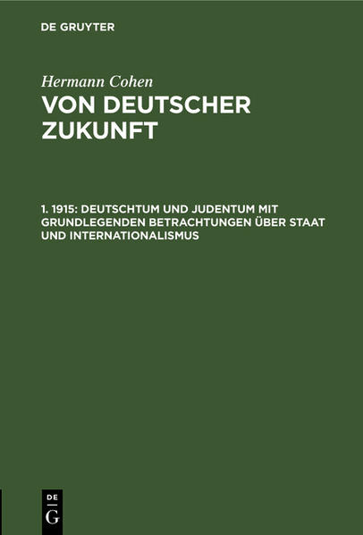 Frontmatter -- Inhalts-Verzeichnis -- 1. Das Griechentum als Quelle des Christentums und des Deutschtums -- 2. Das Judentum als Quelle des Christentums und des Deutschtums -- 3. Die Bestimmung des Nationalgeistes -- 4. Der Idealismus der Hypothesis -- 5. Die Hypothese als Grundlegung der Wahrheit -- 6. Der deutsche Idealismus -- 7. Die Reformation -- 8. Die beiden Arten der Gewißheit -- 9. Die Eigentümlichkeit des Judentums: a) im Einzigen Gott -- 10. b) in der Reinheit der Seele -- 11. c) in der Versöhnung -- 12. Das Gesetz. Trendelenburg -- 13. Die Psalmen als Bindeglied zwischen Judentum und Deutschtum -- 14. Der Idealismus und die Lyrik -- 15. Das Eigentümliche der Musik -- 16. Der religiöse Ursprung der deutschen Musik -- 17. Die Musik bei den Juden -- 18. Die Juden im deutschen Mittelalter -- 19. Die Beteiligung der Juden an der deutschen Literatur -- 20. Das allgemeine Priestertum -- 21. Moses Mendelssohn und Lessing -- 22. Mendelssohns Jerusalem -- 23. Vernunft und Offenbarung: Sittenlehre und Gesetz -- 24. Mendelssohns praktische Bedeutung -- 25. Der deutsche Humanismus und die Staatsidee des Protestantismus -- 26. Die allgemeine Schulpflicht und das Grundgesetz des Studiums -- 27. Herders Geist der ebräischen Poesie. Das deutsche Weltbürgertum -- 28. Das Verhalten der und zur Umwelt -- 29. Der Messianismus im Monotheismus -- 30. Messianismus und Christentum -- 31. Mendelssohns Geschichtsphilosophie. Messianismus und Deutschtum -- 32. Mendelssohns Doppelwirkung -- 33. Die Wissenschaft des Judentums -- 34. Der Staatsbegriff und die Sozialdemokratie -- 35. Das Weltjudentum -- 36. Eine staatsrechtliche Folgerung -- 37. Das Weltgefühl des deutschen Juden -- 38. Der Zweck des Krieges -- 39. Der Fortschritt Fichtes -- 40. Die Umwelt -- 41. Der Sinn der Macht -- 42. Staat und Staatenbund -- 43. Kants Traktat vom ewigen Frieden -- 44. Der internationale Sozialismus -- 45. Glaube und Hoffnung -- Backmatter