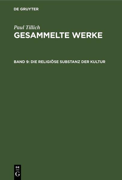 Frontmatter -- INHALTSVERZEICHNIS -- Vorbemerkung des Herausgebers -- ZUR GRUNDLEGUNG -- ÜBER DIE IDEE EINER THEOLOGIE DER KULTUR -- KIRCHE UND KULTUR -- KIRCHE UND HUMANISTISCHE GESELLSCHAFT -- KIRCHE UND HUMANISTISCHE GESELLSCHAFT -- NOCH EINMAL: KIRCHE UND HUMANISTISCHE GESELLSCHAFT -- DIE DOPPELGESTALT DER KIRCHE -- Religion UND KULTUR -- ÜBER DIE GRENZEN VON Religion UND KULTUR -- ASPEKTE EINER RELIGIÖSEN ANALYSE DER KULTUR -- HUMANITÄT UND Religion -- EINZELANALYSEN -- Politik -- DER STAAT ALS ERWARTUNG UND FORDERUNG -- Religion UND WELTPOLITIK -- DAS EVANGELIUM UND DER STAAT -- DIE PHILOSOPHIE DER MACHT -- Erziehung -- ZUM PROBLEM DES EVANGELISCHEN ReligionSUNTERRICHTS -- THEOLOGIE DER ERZIEHUNG -- Medizin -- DIE BEZIEHUNG ZWISCHEN Religion UND GESUNDHEIT-GESCHICHTLICHE BETRACHTUNGEN UND THEORETISCHE FRAGEN -- DIE BEDEUTUNG DER GESUNDHEIT -- TECHNIK -- LOGOS UND MYTHOS DER TECHNIK -- DIE TECHNISCHE STADT ALS SYMBOL -- Kunst und Architektur -- RELIGIÖSER STIL UND RELIGIÖSER STOFF IN DER BILDENDEN KUNST -- KULT UND FORM -- DAS WOHNEN, DER RAUM UND DIE ZEIT -- MENSCH UND UMWELT -- PROTESTANTISMUS UND KIRCHENBAU -- ZUR THEOLOGIE DER BILDENDEN KUNST UND DER ARCHITEKTUR -- DIE KUNST UND DAS UNBEDINGT-WIRKLICHE -- BIBLIOGRAPHISCHE ANMERKUNGEN -- NAMEN- UND SACHREGISTER -- Backmatter