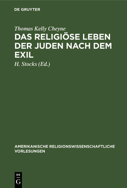 Frontmatter -- Inhaltsverzeichnis -- Vorrede des Ubersetzers -- Vorrede des Verfassers -- Erste Vorlesung. Das religiöse Leben in Judäa vor der Ankunft Nehemiahs -- Zweite Vorlesung. Nehemiah, Esra und Manasseh, oder die Wiederherstellung der jüdischen und samaritischen Gemeinde -- Dritte Vorlesung. Religiöse Ideale der Juden