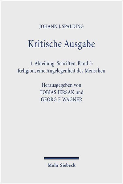 Johann Joachim Spalding (1714-1804) ist ein Hauptvertreter der deutschen Aufklärungstheologie. Eine kirchen-, theologie- und geistesgeschichtliche Würdigung seines Lebenswerks wird bis heute dadurch erschwert, daß der größte Teil seiner Schriften nur noch in den in wenigen Bibliotheken vorhandenen Originalausgaben zugänglich ist, deren Textgestalt von Auflage zu Auflage nicht unerheblich variiert. Die 'Kritische Ausgabe' soll die Schriften Spaldings in erschwinglichen Einzelausgaben wieder verfügbar machen. Der diplomatisch getreue Text einschließlich der Varianten der unterschiedlichen Auflagen wird durch eine knappe, sachbezogene Einleitung, den Nachweis direkter Zitate sowie ein Register ergänzt. Die in vier jeweils erheblich veränderten Auflagen erschienene populartheologische Schrift 'Religion, eine Angelegenheit des Menschen' (11797, 21798, 31799, 41806) ist gleichsam das theologische Testament Spaldings. Diese Apologie des 'Königs der Neologen' hat das Religionsverständnis der deutschen Aufklärungstheologie zusammengefaßt. Der frühromantischen Religionstheorie, nicht zuletzt den Reden 'Über die Religion' (11799) des jungen Schleiermacher, wurde damit ein wesentlicher Traditionsimpuls gegeben, der zu kritisch-transformierender Absetzung herausforderte.