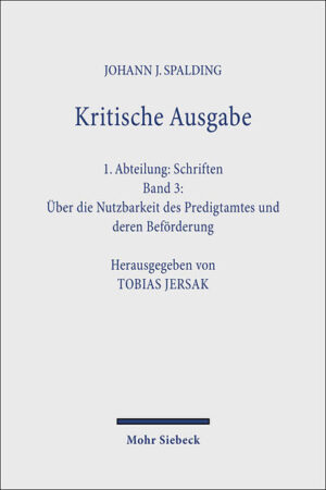 Johann Joachim Spalding (1714-1804) ist ein Hauptvertreter der deutschen Aufklärungstheologie. Seine Schrift Ueber die Nutzbarkeit des Predigtamtes und deren Beförderung veröffentlichte er erstmals 1772 als Berliner Propst und Oberkonsistorialrat. Sie ist ebenso das klassische Beispiel einer prinzipiellen Homiletik der Aufklärungszeit wie eine Apologie des Predigtamts. In Auseinandersetzung mit der Philosophie der Aufklärung, namentlich mit David Hume, und in kritischer Abgrenzung gegen den katholischen Amtsbegriff entwickelt Spalding ein modernes evangelisches Amtsverständnis. Er plädiert für eine ansprechende Predigt, deren Sprach- und Denkformen allgemein verständlich sind und die den Traditionsbestand des Christentums für die religiöse Praxis der Menschen fruchtbar macht. Die Breitenwirkung dieses Hauptwerks der Neologie läßt sich kaum überschätzen: Generationen von Pfarrern sind dadurch in ihrem Selbstverständnis und ihrer Berufswahrnehmung geprägt worden, die theologische Fachdiskussion hat die Anstöße rasch und intensiv rezipiert, selbst die literarische Gestaltung von Pfarrerfiguren, etwa durch Jakob Michael Reinhold Lenz, Friedrich Nicolai oder Johann Wolfgang von Goethe, hat darauf geradezu unmittelbar reagiert. Die in drei erheblich veränderten Auflagen erschienene Schrift wird hier erstmals wieder zugänglich gemacht. Entsprechend den Maßgaben der Kritischen Spalding-Edition präsentiert sie das Werk in einer den Textbestand aller Auflagen integrativ darbietenden kritischen Ausgabe. Eine konzentrierte historisch-theologische Einleitung, knappe Erläuterungen sowie ausführliche Register ergänzen den Band.