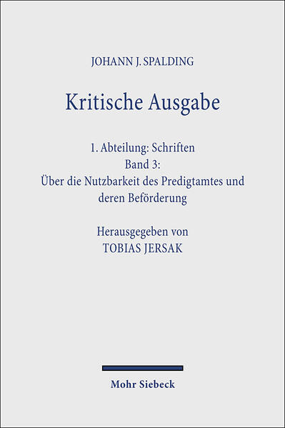 Johann Joachim Spalding (1714-1804) ist ein Hauptvertreter der deutschen Aufklärungstheologie. Seine Schrift Ueber die Nutzbarkeit des Predigtamtes und deren Beförderung veröffentlichte er erstmals 1772 als Berliner Propst und Oberkonsistorialrat. Sie ist ebenso das klassische Beispiel einer prinzipiellen Homiletik der Aufklärungszeit wie eine Apologie des Predigtamts. In Auseinandersetzung mit der Philosophie der Aufklärung, namentlich mit David Hume, und in kritischer Abgrenzung gegen den katholischen Amtsbegriff entwickelt Spalding ein modernes evangelisches Amtsverständnis. Er plädiert für eine ansprechende Predigt, deren Sprach- und Denkformen allgemein verständlich sind und die den Traditionsbestand des Christentums für die religiöse Praxis der Menschen fruchtbar macht. Die Breitenwirkung dieses Hauptwerks der Neologie läßt sich kaum überschätzen: Generationen von Pfarrern sind dadurch in ihrem Selbstverständnis und ihrer Berufswahrnehmung geprägt worden, die theologische Fachdiskussion hat die Anstöße rasch und intensiv rezipiert, selbst die literarische Gestaltung von Pfarrerfiguren, etwa durch Jakob Michael Reinhold Lenz, Friedrich Nicolai oder Johann Wolfgang von Goethe, hat darauf geradezu unmittelbar reagiert. Die in drei erheblich veränderten Auflagen erschienene Schrift wird hier erstmals wieder zugänglich gemacht. Entsprechend den Maßgaben der Kritischen Spalding-Edition präsentiert sie das Werk in einer den Textbestand aller Auflagen integrativ darbietenden kritischen Ausgabe. Eine konzentrierte historisch-theologische Einleitung, knappe Erläuterungen sowie ausführliche Register ergänzen den Band.