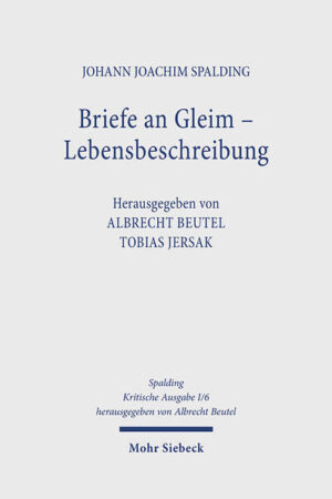 Der Band vereint die beiden autobiographischen Schriften des prominenten Aufklärungstheologen Johann Joachim Spalding (1714-1804). Die zwischen 1746 und 1757 verfaßten Briefe von Herrn Spalding an Herrn Gleim, vom Empfänger 1771 verkürzt und unautorisiert herausgegeben, werden unter kritischer Einbeziehung der vollständigen handschriftlichen Vorlagen geboten. Der schwärmerisch-empfindsame Freundschaftskult, den Spalding mit dem anakreontischen Dichter Johann Wilhelm Ludwig Gleim (1719-1803) während eines Jahrzehnts pflegte, hat darin authentischen Niederschlag gefunden. Die Briefe eröffnen einen ungemein erhellenden, die bisherigen Kenntnisse substantiell bereichernden Einblick in eine wichtige Entwicklungsphase des späteren Berliner Propsts und Oberkonsistorialrats. Johann Joachim Spalding's Lebensbeschreibung von ihm selbst aufgesetzt ist ein schonungslos offener, sympathischer Lebensbericht, den sein Sohn Georg Ludewig Spalding kurz nach dem Tod des Vaters 1804 ergänzt und veröffentlicht hat. Für Leben und Werk des bedeutenden Spalding, den man treffend den "König der Neologen" (W. Philipp) genannt hat, aber auch für den Abschnitt der Kirchen- und Geistesgeschichte, dessen Zeuge er war, ist dies nicht weniger als ein Schlüsseldokument. Beide Schriften werden durch einen ausführlichen Kommentar sowie durch detaillierte Register erschlossen. "Jeder, dem Spalding ein ehrwürdiger Name ist oder wird, hat dies Buch gelesen oder wird es lesen" (F. Schlichtegroll, Nekrolog auf J. J. Spalding, 1806).