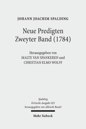 Im Zeitalter der Aufklärung stellte die kirchliche Predigt das zentrale Medium dar, in dem theologische Reflexion vermittelt und in religiöse Lebenspraxis transformiert wurde. Johann Joachim Spalding war der wirkmächtigste lutherische Kanzelredner der als 'Neologie' bezeichneten Kulminationsphase der religiösen Aufklärung. Mit dem zweiten Band seiner "Neuen Predigten" (1784) hat der bedeutende Aufklärungstheologe J.J. Spalding im Alter von 70 Jahren eine beeindruckende Bilanz seiner auf "Belehrung und Ermunterung" abzielenden, lebenslangen Religionsunterweisung vorgelegt, deren glückliche Verbindung von Frömmigkeit und Modernität auch heute noch unvermindert anzusprechen und zu berühren vermag.