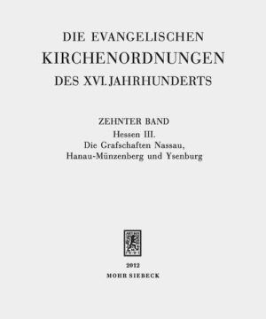 Der vorliegende Band führt die Editionsreihe kirchenordnender Dokumente des 16. Jahrhunderts fort. Nachdem bereits 1965 und zuletzt 2011 zwei Bände mit Ordnungen der Territorien und Reichsstädte auf dem Gebiet des heutigen Bundeslandes Hessen erschienen sind, schließt dieser die Edition für den hessischen Raum ab. Der Band enthält die Kirchenordnungen der Grafschaften Nassau, Hanau-Münzenberg und Ysenburg. In diesen drei Territorien war vor dem Interim die Reformation Wittenberger Prägung eingeführt worden, seit der zweiten Hälfte des 16. Jahrhunderts leiteten die Landesherren jedoch den Wechsel zum reformierten, an Calvins Theologie ausgerichteten, Bekenntnis ein. Die Kirchenordnungen dieser drei Grafschaften spiegeln auf der einen Seite den innerevangelischen Konfessionswechsel wider und geben auf der anderen Einblicke in die kirchlichen Verhältnisse reformierter Territorien im 16. Jahrhundert.