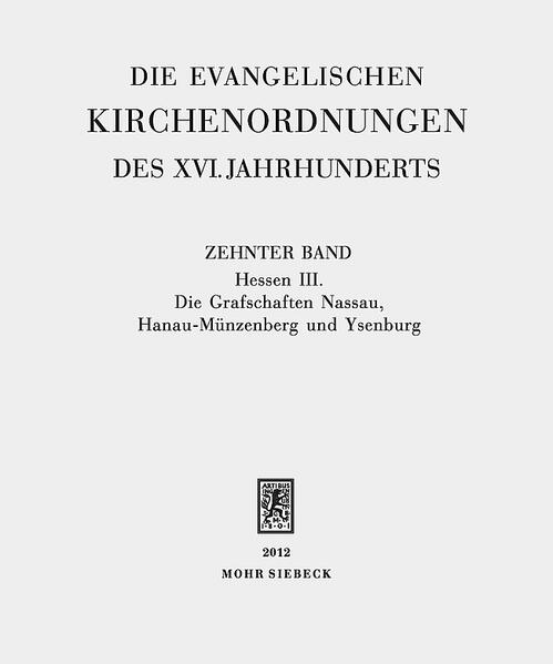 Der vorliegende Band führt die Editionsreihe kirchenordnender Dokumente des 16. Jahrhunderts fort. Nachdem bereits 1965 und zuletzt 2011 zwei Bände mit Ordnungen der Territorien und Reichsstädte auf dem Gebiet des heutigen Bundeslandes Hessen erschienen sind, schließt dieser die Edition für den hessischen Raum ab. Der Band enthält die Kirchenordnungen der Grafschaften Nassau, Hanau-Münzenberg und Ysenburg. In diesen drei Territorien war vor dem Interim die Reformation Wittenberger Prägung eingeführt worden, seit der zweiten Hälfte des 16. Jahrhunderts leiteten die Landesherren jedoch den Wechsel zum reformierten, an Calvins Theologie ausgerichteten, Bekenntnis ein. Die Kirchenordnungen dieser drei Grafschaften spiegeln auf der einen Seite den innerevangelischen Konfessionswechsel wider und geben auf der anderen Einblicke in die kirchlichen Verhältnisse reformierter Territorien im 16. Jahrhundert.