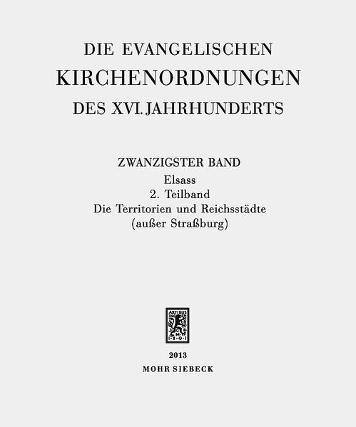 Mit der Einführung der Reformation in einem Territorium oder einer Reichsstadt waren die Landesherren und Magistrate gezwungen, ihren Gemeinwesen für zahlreiche Bereiche des kirchlichen Lebens neue Ordnungen zu geben, auch weil sie die päpstliche Obedienz und die bischöfliche Jurisdiktion nicht mehr anerkannten. Die erlassenen Ordnungen wirkten dabei oft weit über den Rahmen des kirchlichen Lebens hinaus auf das politische und rechtliche Geschehen in den Territorien. Zu den kirchenordnenden Texten zählen Agenden, Liturgien, Gebetsformulare, Vorschriften zur Anstellung von Pfarrern und Diakonen sowie Richtlinien zu ihrer Tätigkeit, Instruktionen für Visitationen, aber auch Armen-, Ehe- und Zuchtordnungen. Der vorliegende zweite Teilband zum Elsass enthält die Kirchenordnungen der Grafschaft Hanau-Lichtenberg, der Herrschaften Fleckenstein und Rappoltstein sowie der Reichsstädte Colmar, Hagenau, Mülhausen, Münster im Münstertal und Weißenburg bis zum Jahr 1618. Entsprechend der Prägung durch die reformatorischen Zentren Basel, Straßburg und Württemberg zeigen sich bei ihnen sehr unterschiedliche Modelle der kirchlichen Organisation und der Ausgestaltung gemeindlichen Lebens.