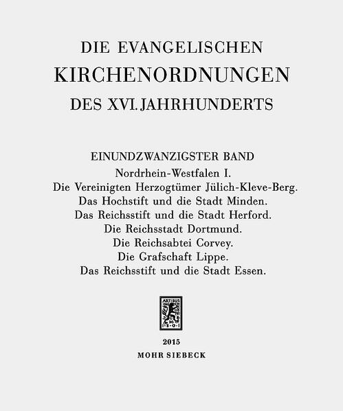 Evangelische Kirchenordnungen entstanden im 16. Jahrhundert vor dem Hintergrund des reformatorischen Umbruchs. Sie trugen ordnende Strukturen in die Kirche ein, indem sie Ämter, Liturgie, Predigt und Gottesdienst gemäß der evangelischen Lehre neu definierten. Viele Kirchenordnungen wirkten auch in das gesellschaftliche Leben hinein, auf die öffentliche Fürsorge und die soziale Ordnung sowie in den Bereich von Haus und Familie mit Regelungen zur Ehe und zum Zusammenleben der Partner. Der rheinisch-westfälische Raum stellt hinsichtlich der Reformationseinführung eine heterogene Landschaft dar. Er war nicht nur territorial stark zersplittert, sondern auch konfessionell vielgestaltig. Nachdem zahlreiche Territorialherren und städtische Magistrate in den 1530er Jahren die Reformation lutherischer Prägung eingeführt hatten, leiteten einige Fürsten in der zweiten Hälfte des Jahrhunderts den Wechsel zum reformierten, an der Theologie Johannes Calvins ausgerichteten, Bekenntnis ein. Eine besondere Linie vertraten die Herzöge von Jülich-Kleve-Berg, die zwar kirchliche Reformen einleiteten und einige evangelische Zeremonien zuließen, letztlich aber auf dem Boden der römischen Amtskirche blieben.