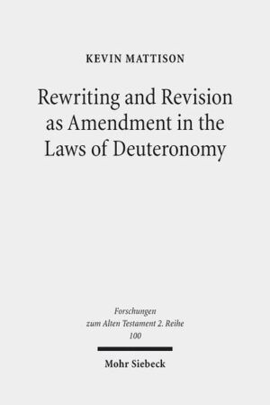 In this study, Kevin Mattison examines Deuteronomy's reworking of existing legal texts, arguing that Deuteronomy was designed to amend its main legal source, the Covenant Code (Exod 20:22-23:19). The model of amendment draws on existing models of replacement and supplementation in order to provide a more complete explanation of Deuteronomy's rewriting of the Covenant Code, which is characterized by a combination of presupposition, complementation, and contradiction. Internal revisions within the growing text of Deuteronomy exhibit a similar combination of these three factors. Deuteronomy's authors sought to amend the Covenant Code even as they continued to amend their own growing text. The author draws examples from laws governing sacrifice and slaughter (Deut 12:1-28), tithes and firstlings (Deut 14:22-29