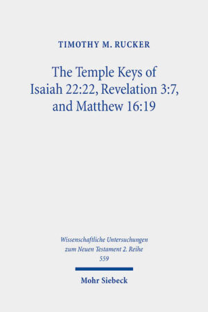 Timothy Rucker demonstrates in this study that the temple was a key background for Shebna's position and offense in Isa 22:15-25, which opens a new door for reconsidering the allusions in Rev 3:7-13 and Matt 16:18-19. He uses intertextuality and critical spatiality in order to interpret these allusions and their potential implications for the conception of sacred space among some early Christ followers. The open door of Rev 3:8 is an opportunity to reclaim potential sacred space for God on earth, so that others may become God's sacred space as well. In Matt 16:18-19, Peter's key foundational role is to provide teaching that will lead to both Jesus' assembly manifesting the righteousness of the kingdom on earth and to other Jews following Jesus as the Messiah. Thus, the temple imagery of Isa 22:22 encourages missionary engagement in both New Testament contexts.