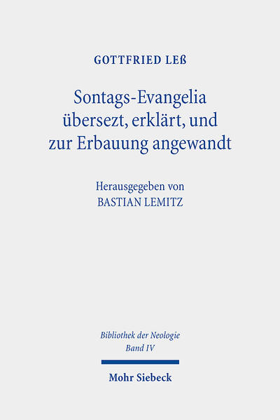 Im Rahmen des umfangreichen und weit verbreiteten Gesamtwerks des Göttinger Aufklärungstheologen und Universitätspredigers Gottfried Leß (1736-1797) nehmen die "Sontags-Evangelia" eine besondere Stellung ein. Ihr Verfasser, der zunehmend wiederentdeckt und mittlerweile zu den "namhaftesten Neologen" (A. Beutel) gezählt wird, legt in dieser nun erstmals in kritischer Edition vorliegenden Sammlung in musterhafter und an die Predigtpostille des 16. und 17. Jahrhunderts erinnernder Art und Weise die im Rahmen der geltenden Perikopenordnung für den Sonntag vorgesehenen Evangelientexte aus. Dadurch vermitteln die "Sontags-Evangelia" einen repräsentativen Eindruck von der zeittypischen, auf Besserung und Erbauung zielenden Entfaltung bedeutender Stücke des Neuen Testaments und bieten aufgrund der immer wieder festzustellenden Querverbindungen zu Leß' Hauptschriften einen reizvollen Einstieg in ein profiliertes, aber noch immer nicht ausreichend gewürdigtes theologisches System der Aufklärungszeit.