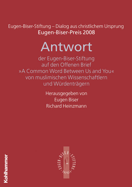 Eugen-Biser-Stiftung-Dialog aus christlichem Ursprung Eugen-Biser-Preis 2008 In Anerkennung ihrer Initiative zur Förderung des islamisch-christlichen Dialoges hat die Eugen-Biser-Stiftung am 22. November 2008 den Eugen-Biser-Preis an drei muslimische Würdenträger verliehen. Die Festrede hielt Bundesinnenminister Wolfgang Schäuble. Weitere Beiträge von Eugen Biser, Mustafa Ceric, Johannes Friedrich, Ghazi bin Muhammad bin Talal, Richard Heinzmann, Hans-Jochen Jaschke, Paul Kirchhof, Heiner Köster, Siegfried Schneiderund Christian Ude. Wiedergegeben sind ferner die Texte "A Common Word Between Us and You" vom 13. Oktober 2007 in deutscher Übersetzung und die "Gemeinsame Schlusserklärung der Teilnehmer am 1. Seminar des Katholisch-Muslimischen Forums" vom 6. November 2008.