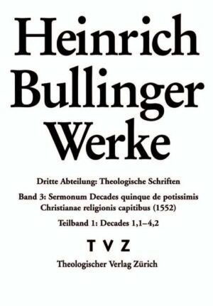 Die 'Dekaden', Heinrich Bullingers theologisches Hauptwerk, sind eine Komposition von fünfzig lateinischen Lehrpredigten, die im Zeitraum zwischen 1549 und 1552 in Zürich erschienen sind. Sie behandeln alle wichtigen Themen ('loci') des evangelischen Glaubens und zeugen von Bullingers eigenständiger Verarbeitung der 'reformatorischen' Einsichten. Der ersten Übersetzung ins Deutsche von 1558 (unter dem Titel: 'Hausbuch') folgten zahlreiche weitere, so ins Niederländische, Englische und Französische. Bullingers 'Dekaden' übten einen beträchtlichen Einfluss auf Theologie und Frömmigkeit des (reformierten) Protestantismus in ganz Europa aus. Diese erste kritische Edition gibt den lateinischen Text wieder, welcher auch der modernen deutschen Übersetzung der 'Dekaden' (Bullinger Schriften, hg. von E. Campi, D. Roth, P. Stotz, Bde. 3-5, Zürich 2006) zugrunde liegt.