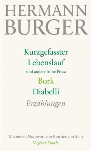 „Exzentriker sind sie, Hermann Burgers Helden. Schon in seinem ersten Geschichtenbuch ‚Bork‘ (1970) begegnen wir ihnen, und erst recht im zweiten, ‚Diabelli‘ (1979), einem Glanzlicht moderner Erzählkunst. Vom einen zum andern ist’s allerdings ein weiter Weg.“ Mit diesen Sätzen beginnt das Nachwort von Beatrice von Matt. In die Jahre zwischen den beiden Erzählbänden fallen Burgers Durchbruch als international gefeierter Autor, seine Selbstinszenierung zwischen Wortkunst und Magie, der Beginn seiner Depression und die Entfaltung einer intensiven schriftstellerischen und kulturjournalistischen Arbeit. In seinen Erzählungen zeigt der Autor aus der Schweiz die hohe Schule seiner Kunst: akribische Recherche, vollendete Sprachführung und abgründiger Humor.