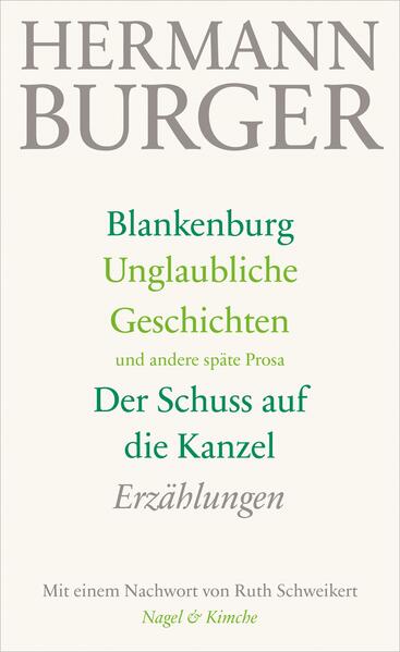 Die in den letzten Jahren seines Lebens erschienenen Prosabände zeigen Hermann Burger, einen der bedeutendsten Schriftsteller der Schweiz, auf der Höhe seiner Erzählkunst. Wie in seinen frühen Erzählungen sind die Helden der Geschichten in „Blankenburg“, „Der Schuss auf die Kanzel“ und in den „Unglaublichen Geschichten“ Sonderlinge, die auf die Seltsamkeit der Welt mit selbst entwickelten Ordnungssystemen reagieren, oder an Leib und Seele erkrankte Wortkünstler, deren Befreiungsversuche keineswegs immer schlecht enden. Wesentlich ist den Erzählungen Burgers stets ein abgründiger Humor, der die Lektüre bei all den traurig-heroischen Schicksalen der Figuren zu einem außergewöhnlichen Vergnügen macht.