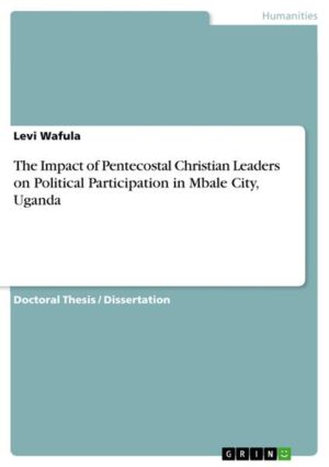 Doctoral Thesis / Dissertation from the year 2023 in the subject Theology-Miscellaneous, , course: Bible and Theology, language: English, abstract: This dissertation delves into the emerging prominence of Pentecostalism and its influence on political engagement in Mbale City, Uganda. It seeks to understand the theological and biblical underpinnings that guide the political perspectives of Pentecostal Christian leaders in the region. Additionally, it aims to assess how these leaders impact the political involvement of their congregants, explore the relationship between Pentecostalism and various political ideologies, identify the challenges faced by Pentecostal leaders when engaging in politics, and offer recommendations to enhance their role in promoting responsible political participation. To address these objectives, a mixed-methods approach was employed. A survey of 75 residents of Mbale City provided quantitative data on political behaviors and perceptions related to Pentecostal leaders. Complementing this, in-depth interviews were conducted with 10 Pentecostal bishops and overseers to gain deeper insights into their beliefs and practices. The data collected from both sources were analyzed to draw meaningful conclusions. The study's findings underscore the substantial link between Pentecostal Christian leaders and political participation in Mbale City. It reveals how these leaders effectively mobilize their congregants, instill a sense of civic responsibility, and influence their political attitudes. Furthermore, the research uncovers potential challenges and opportunities arising from the intersection of religion and politics in the city. In conclusion, this research sheds light on the intricate relationship between religion and politics, particularly within the context of Pentecostalism in Uganda. It affirms the significant influence of Pentecostal Christian leaders on political engagement in Mbale City, advocating for informed and inclusive approaches to democratic governance and community development. Nevertheless, it is important to acknowledge the study's limitations and recommend further research and strategies to foster responsible political behavior in a religiously diverse society.