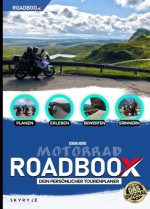 Das ROADBOOX ist der perfekte Reisebegleiter für individuelle Motorradtouren. Egal, welche Art von Tour- ob mit Strassenmaschine, Enduro, Chopper oder Tourer - mit dem ROADBOOX hat der Biker stets alles im Blick. Bereits bei der Urlaubsplanung kommt es zum Einsatz. Hier werden alle wichtigen Informationen eingepflegt. Der Clou: Jeder entscheidet selbst, was für ihn wichtig ist. Und während der Reise ist das ROADBOOX ein treuer Begleiter. Es sorgt für den Überblick bei gebuchten Unterkünften mit entsprechender Stornierungsfristen. Adressen, Benzinverbrauch, Streckenverlauf und die jeweiligen finanzielle Ausgaben. Am Ende jedes Tages bewertet der Reisende seine Eindrücke und legt seine persönlichen Höhepunkt fest und sorgt so für bleibende Erinnerungen. ROADBOOX ist somit Reiseführer, Tagebuch, Fahrtenbuch und Checkliste in Einem. Es ist ein unverzichtbares Buch, dass in keinem Motorradkoffer fehlen darf.