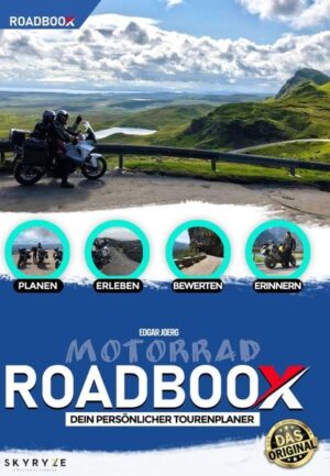 Das ROADBOOX ist der perfekte Reisebegleiter für individuelle Motorradtouren. Egal, welche Art von Tour- ob mit Strassenmaschine, Enduro, Chopper oder Tourer - mit dem ROADBOOX hat der Biker stets alles im Blick. Bereits bei der Urlaubsplanung kommt es zum Einsatz. Hier werden alle wichtigen Informationen eingepflegt. Der Clou: Jeder entscheidet selbst, was für ihn wichtig ist. Und während der Reise ist das ROADBOOX ein treuer Begleiter. Es sorgt für den Überblick bei gebuchten Unterkünften mit entsprechender Stornierungsfristen. Adressen, Benzinverbrauch, Streckenverlauf und die jeweiligen finanzielle Ausgaben. Am Ende jedes Tages bewertet der Reisende seine Eindrücke und legt seine persönlichen Höhepunkt fest und sorgt so für bleibende Erinnerungen. ROADBOOX ist somit Reiseführer, Tagebuch, Fahrtenbuch und Checkliste in Einem. Es ist ein unverzichtbares Buch, dass in keinem Motorradkoffer fehlen darf.