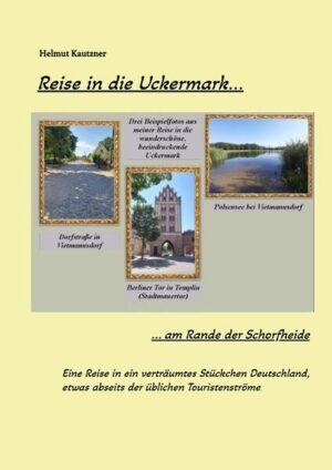 Eine Reise in die Uckermark, für den Autor ein Gebiet, das etwas außerhalb seiner bisher bereisten Gegenden in Deutschland liegt. Angeregt durch eine TV-Sendung über dieses Gebiet wurde Helmut Kautzner neugierig. Dort muss ich mal hin. Aber nicht in das Zentrum mit den üblichen Touristen-Zentren, sondern etwas abseits. Nicht auf einen Campingplatz mit eingeteilten Parzellen und Golfrasen, sondern naturverbunden, wie er ist, auf einen Natur-Campingplatz, den einzigen dieser Art in diesem Gebiet, in Vietmmannsdorf. Und er wurde nicht enttäuscht, alles passte. Ein Naturcampingplatz, eine kleine Gaststätte in der Nähe, ein schöner Badesee, zu Fuß keine 10 Minuten entfernt und viel Natur rings herum, wenn auch durch die lange Trockenheit ziemlich ausgedörrt. Aber auch mit interessanten Orten und markanten Objekten in erreichbarer Nähe. Weiterhin beschreibt der Autor im letzten Kapitel auch einen Aufenthalt bei der Heimreise als Zwischenstop an der Elbe südlich von Magdeburg auf dem Campingplatz in Schönebeck. Diese Reise und seine Erlebnisse versucht Helmut Kautzner in diesem Büchlein der Leserin/dem Leser nahe zu bringen.