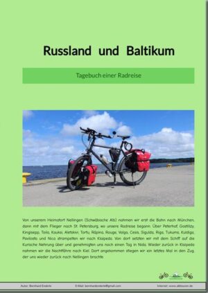 Dieses Buch ist ein Tagebuch - mein Tagebuch - und beschreibt unsere Reise per Rad von St. Petersburg nach Klaipeda, auf der mich meine Frau begleitete. Wenn auch du dich in ein interessantes und unvergessliches Radabenteuer stürzen willst, dann kannst du dich sicherlich von unseren Erfahrungen und Erlebnissen inspirieren lassen.