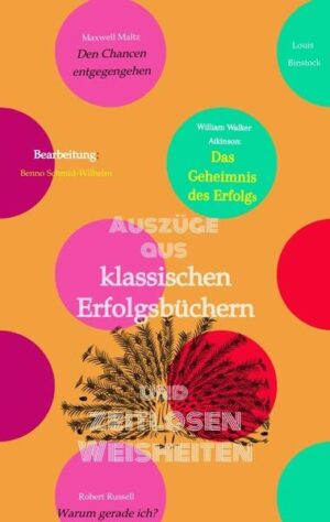 Zwar besitzt ein jeder von uns das Potenzial für ein erfüllteres Leben, es wird sich aber nicht von selbst entfalten! Dieser Band enthält eine Gesamtübersetzung des Klassikers von William Walker Atkinson „The Secret of Success“. In diesem Werk geht der Altmeister Atkinson auf die Tatsache ein, dass jeder Mensch individuell seinen eigenen Weg finden muss. Eine Generalformel für den Erfolg gibt es nicht. Ursprünglich handelte es sich um einen neunteiligen Kurs aus dem Jahre 1908. Die übrigen Beiträge sind Textauszüge aus inspirierenden und motivierenden Büchern. Die meisten Autoren dürften dem Leser - zumindest in Europa - kein Begriff sein. Es handelt sich um Geschäftsleute, Schriftsteller, Philosophen, Ärzte und Geistliche. Jeder beleuchtet das Thema „Lebenserfolg“ auf seine Weise und bietet wertvolle Einsichten und Ratschläge. Diese Autoren sind der Zeitungsverleger Lord Beaverbrook, das Psychologen-Ehepaar Marguerite und Willard Beecher, der Rabbiner Louis Binstock, der Herausgeber George Clason, der Amway-Gründer Dick DeVos, der Philosoph und Schriftsteller Ralph Waldo Emerson, der Neugeist-Autor Ernest Holmes, der Schönheitschirurg Maxwell Maltz, das Ärzteteam Tom Rusk und Randy Read, der Geistliche Robert A. Russell und der Groschenromanschreiber Frederick Van Rensselaeer Dey.