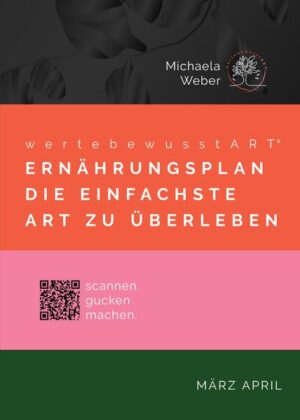 Der wertbewusstART Ernährungsplan wurde von Anfang bis Ende von der Ernährungs Autorin Michaela Weber selbst kreiert. Sie zeigt uns gesunde, pflanzenbasierte Vollwertrezepte für eine genussvolle Selbstfürsorge. Mehr noch, das saisonale Ernährungskochbuch schafft eine Alltagsküche auf eine ganz einfache Art und Weise. Die Gerichte sind keine große Herausforderung - das kann jeder. Sie verbindet Körper, Geist und Umweltgesundheit und schafft damit ein neues Ernährungsbewusstsein. Das Buch ist nach den Saison Monaten März und April geordnet und mit den vorbereiteten Menüplänen schlemmen wir uns durch abwechslungsreiche 5-Tägige-Gesundheitswochen. Darüber hinaus finden wir bei den Einkaufs- und Vorratslisten ausführliche Hinweise, wie bewusster Lebensmittelkonsum funktioniert. Und auch die farbig gekennzeichneten Lebensmittelgruppen geben eine gute Orientierung. Michaela gestaltet für uns eine gesunde und minimalistische Lebensmittel-Vorratshaltung, ein kleines Basislager, das fest verwurzelt ist und trotzdem viel Freiraum für Abwechslung lässt. Ein System gegen Lebensmittelverschwendung! In diesem Ernährungsplan wird alles bis zum Ende verbraucht, weil jedes Lebensmittel perfekt auf die Gerichte abgestimmt wurde oder in der Resteküche verarbeitet wird. Wir freuen uns auf eine gesunde Essenswelt. Hier bleibt nichts dem Zufall überlassen, weil das Thema Ernährungsbewusstsein ernst genommen wird. Zusammen mit den "mitMach" Aufgaben und den lesenswerten Geschichten über die verarbeiteten Lebensmittel, schafft die Essensliebhaberin ein ganzheitliches System, das schmeckt und ganz natürlich ist. Wir erleben eine Ernährungswelt mit viel Gesundheit, Begeisterung und Mut. Das Ziel ist, dein Inneres gut zu versorgen und die äußere Welt besser zu machen.