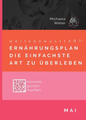 Der wertbewusstART Ernährungsplan wurde von Anfang bis Ende von der Ernährungs-Autorin Michaela Weber selbst kreiert. Sie zeigt uns gesunde, pflanzenbasierte Vollwertrezepte für eine genussvolle Selbstfürsorge. Mehr noch, das saisonale Ernährungskochbuch schafft eine Alltagsküche auf eine ganz einfache Art und Weise. Die Gerichte sind keine große Herausforderung - das kann jeder. Sie verbindet Körper, Geist und Umweltgesundheit und schafft damit ein neues Ernährungsbewusstsein. Das Buch ist nach dem Saison Monat Mai geordnet und mit den vorbereiteten Menüplänen schlemmen wir uns durch abwechslungsreiche 5-Tägige-Gesundheitswochen. Darüber hinaus finden wir bei den Einkaufs- und Vorratslisten ausführliche Hinweise, wie bewusster Lebensmittelkonsum funktioniert. Und auch die farbig gekennzeichneten Lebensmittelgruppen geben eine gute Orientierung. Michaela gestaltet für uns eine gesunde und minimalistische Lebensmittel-Vorratshaltung, ein kleines Basislager, das fest verwurzelt ist und trotzdem viel Freiraum für Abwechslung lässt. Ein System gegen Lebensmittelverschwendung! In diesem Ernährungsplan wird alles bis zum Ende verbraucht, weil jedes Lebensmittel perfekt auf die Gerichte abgestimmt wurde oder in der Resteküche verarbeitet wird. Wir freuen uns auf eine gesunde Essenswelt. Hier bleibt nichts dem Zufall überlassen, weil das Thema Ernährungsbewusstsein ernst genommen wird. Zusammen mit den "mitMach" Aufgaben und den lesenswerten Geschichten über die verarbeiteten Lebensmittel, schafft die Essensliebhaberin ein ganzheitliches System, das schmeckt und ganz natürlich ist. Wir erleben eine Ernährungswelt mit viel Gesundheit, Begeisterung und Mut. Das Ziel ist, dein Inneres gut zu versorgen und die äußere Welt besser zu machen.